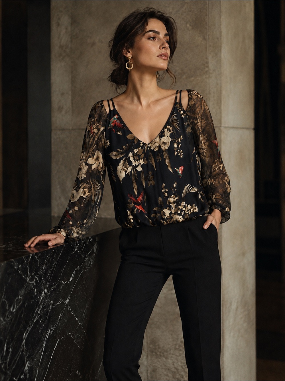 FUZZI SHEER FLORAL MESH COLD SHOULDER RED BIRD TOP SZ IT 44 / US 10 / M ITALY